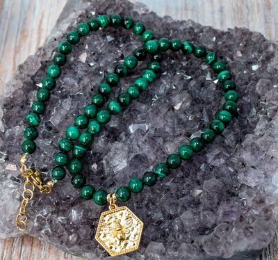 Primary image for Emerald Hive Malachite and Golden Bumblebee Necklace