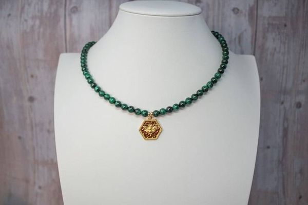 Alternate image for Emerald Hive Malachite and Golden Bumblebee Necklace