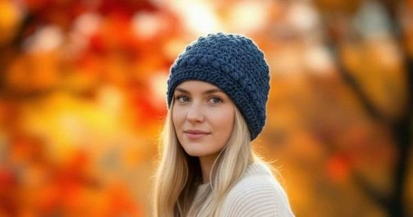 Alternate image for Blue Slouchy Bobble Stitch Crochet Beanie Hat