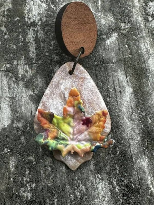 Alternate image for Polymer Clay leaf earrings with wood posts.