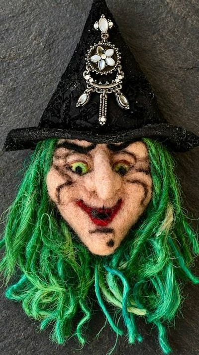 Alternate image for Large Needle Felted Witch Brooch – Handmade Wool Witch Pin with Velvet Hat & Mystical Charm