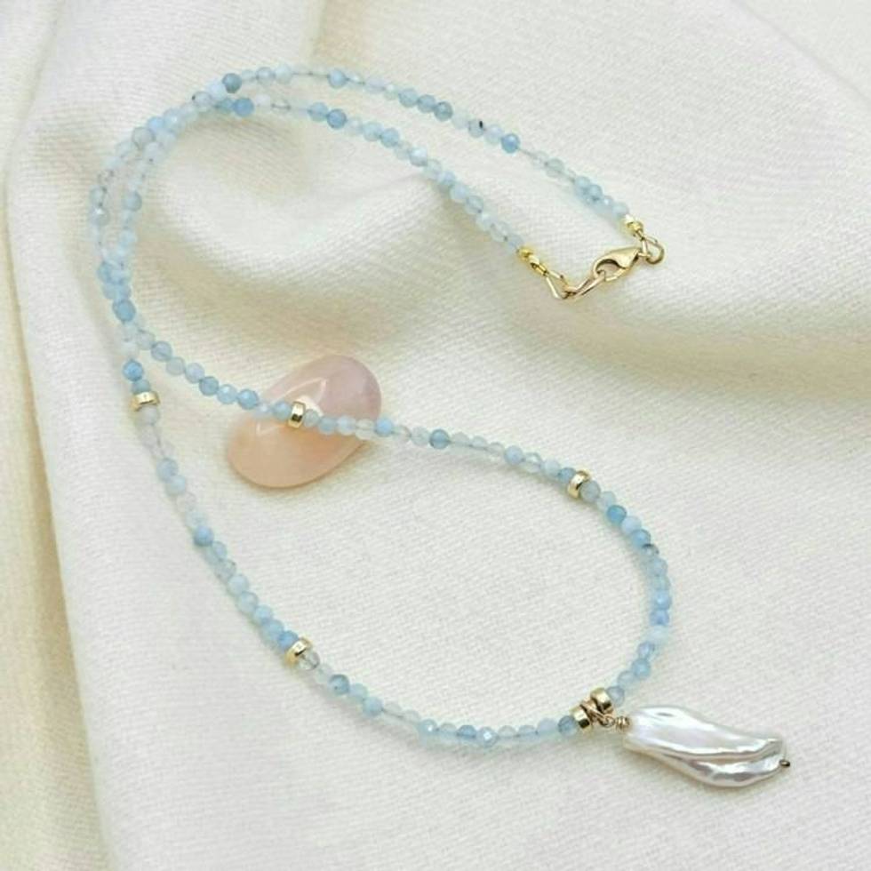 Aquamarine & Baroque Pearl Gold-Filled Necklace