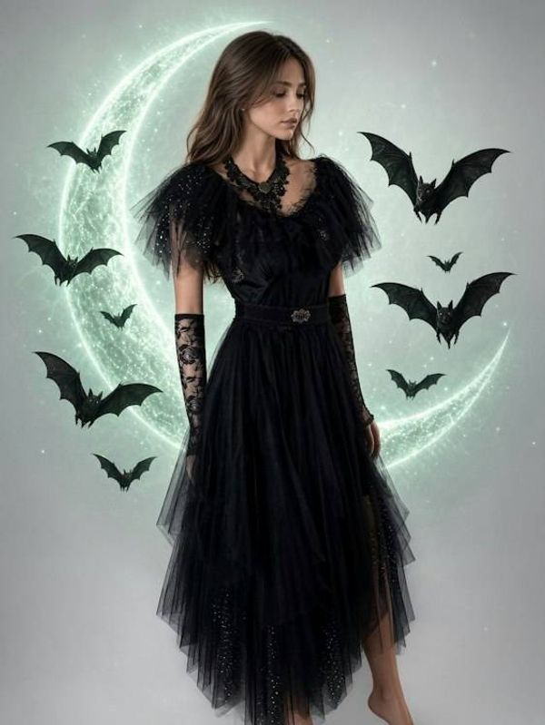 Alternate image for Black tulle Gothic style, Halloween green sparkles and with dramatic shoulders