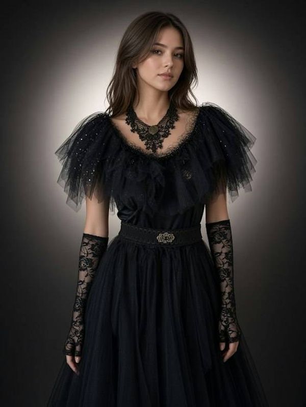 Alternate image for Black tulle Gothic style, Halloween green sparkles and with dramatic shoulders