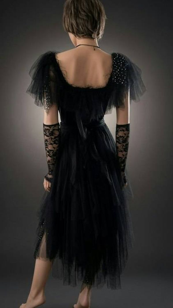 Alternate image for Black tulle Gothic style, Halloween green sparkles and with dramatic shoulders