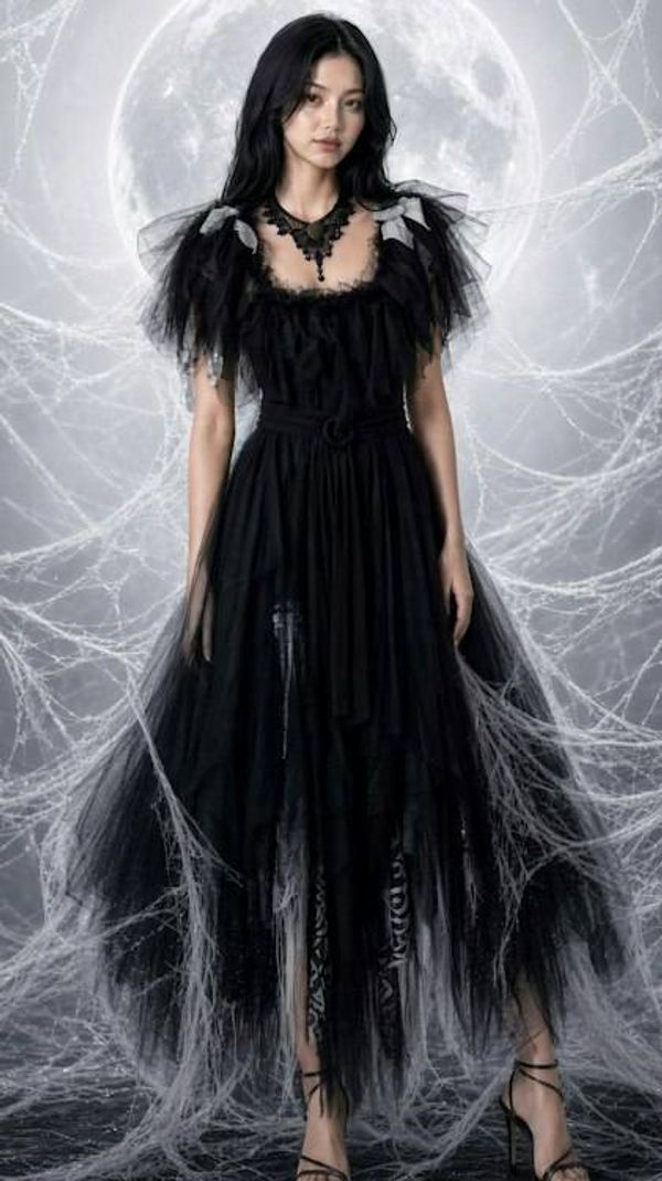 Alternate image for Gothic black tulle dress with handkerchief hem and layered skirt and shoulder detail