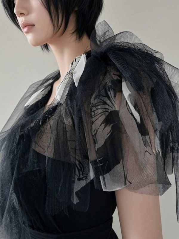 Alternate image for Gothic black tulle dress with handkerchief hem and layered skirt and shoulder detail