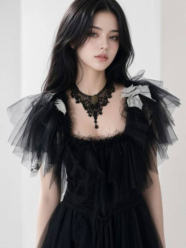 Alternate image for Gothic black tulle dress with handkerchief hem and layered skirt and shoulder detail