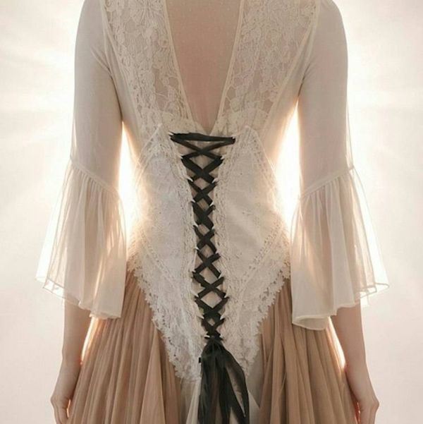 Alternate image for Ethereal Renaissance Medieval-Inspired gown with corset lacing and bell sleeves