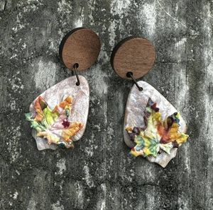 Image for Polymer Clay leaf earrings with wood posts.