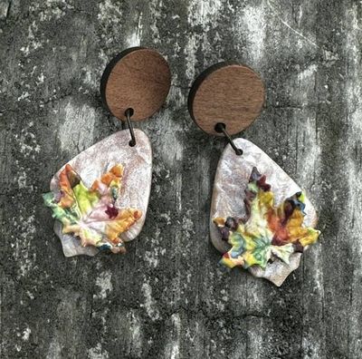 Primary image for Polymer Clay leaf earrings with wood posts.