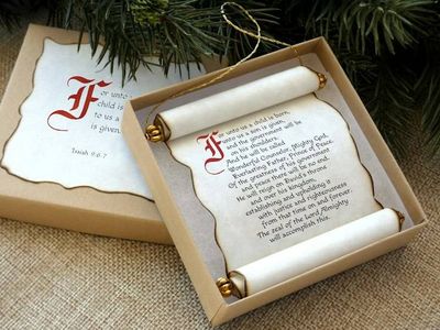 Alternate image for Unto Us a Child is Born - Isaiah 9:6-7 - miniature scroll Christmas ornament