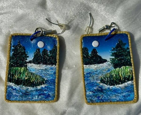 Alternate image for Polymer clay Moonlit lake Landscape Dangle Earrings with Gold Border
