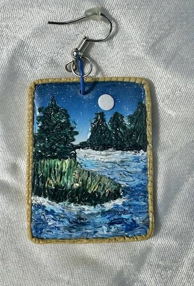 Alternate image for Polymer clay Moonlit lake Landscape Dangle Earrings with Gold Border