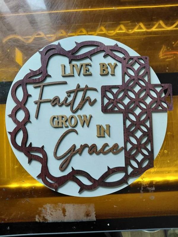 Alternate image for 12 Round Live by Faith Grow in Grace Christian Wood Sign – Texas made Layered Cross Wall Decor