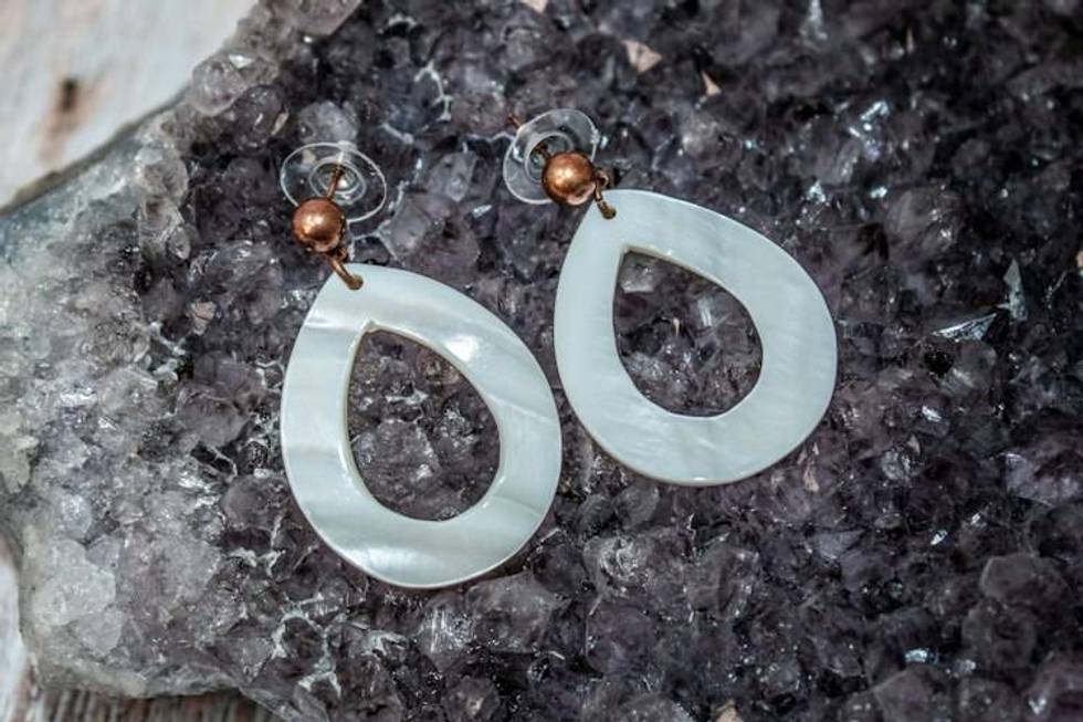 Coastal Moon Teardrop Mother of Pearl and Copper Post Earrings