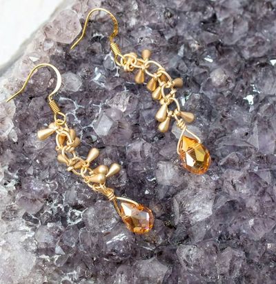 Alternate image for Golden Ember Orange Crystal and Brass Fringe Earrings