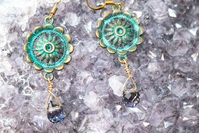 Primary image for Azure Relic Patina Brass and Cornflower Blue Crystal Drop Earrings