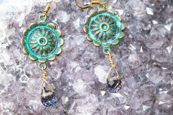 Alternate image for Azure Relic Patina Brass and Cornflower Blue Crystal Drop Earrings