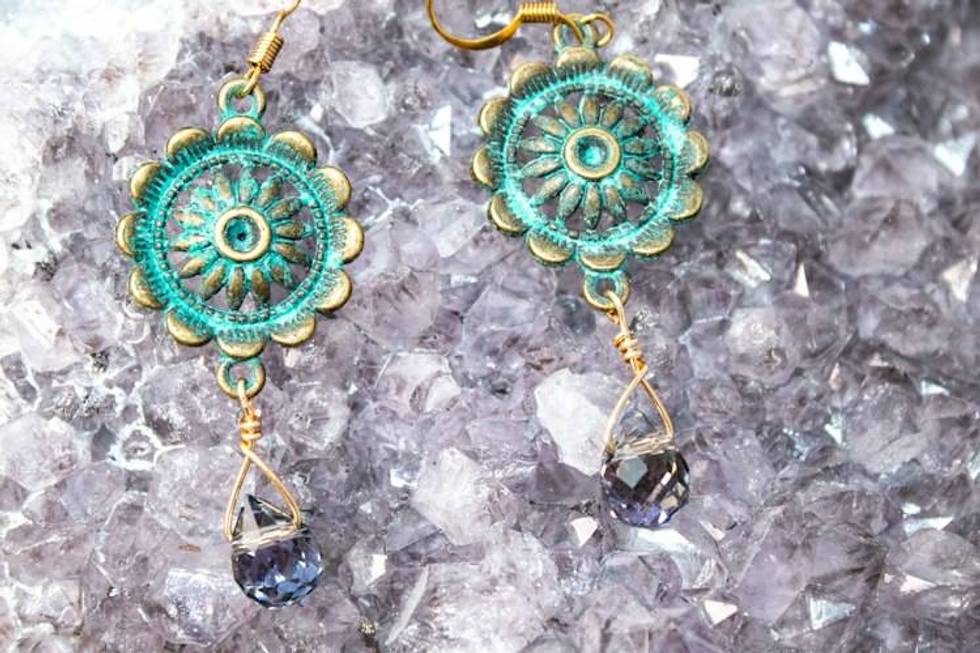 Azure Relic Patina Brass and Cornflower Blue Crystal Drop Earrings