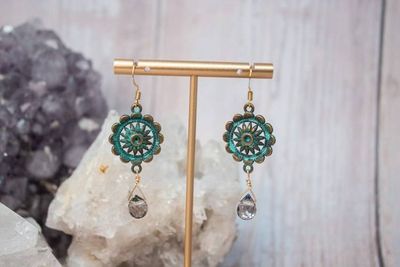 Alternate image for Azure Relic Patina Brass and Cornflower Blue Crystal Drop Earrings