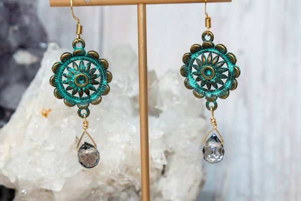 Alternate image for Azure Relic Patina Brass and Cornflower Blue Crystal Drop Earrings