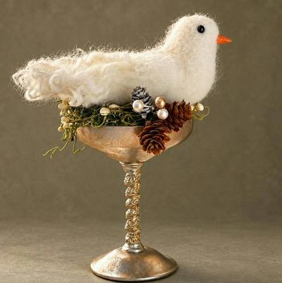 Primary image for Needle Felted Wool Dove in Vintage Goblet – Christmas Decor