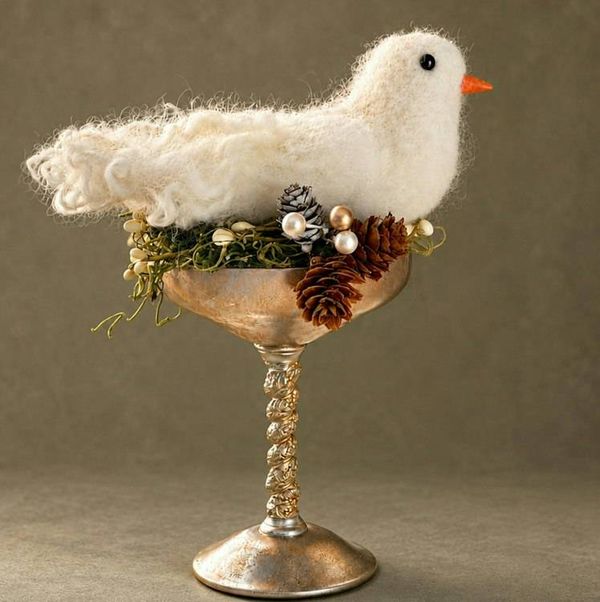 Alternate image for Needle Felted Wool Dove in Vintage Goblet – Christmas Decor