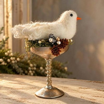 Alternate image for Needle Felted Wool Dove in Vintage Goblet – Christmas Decor