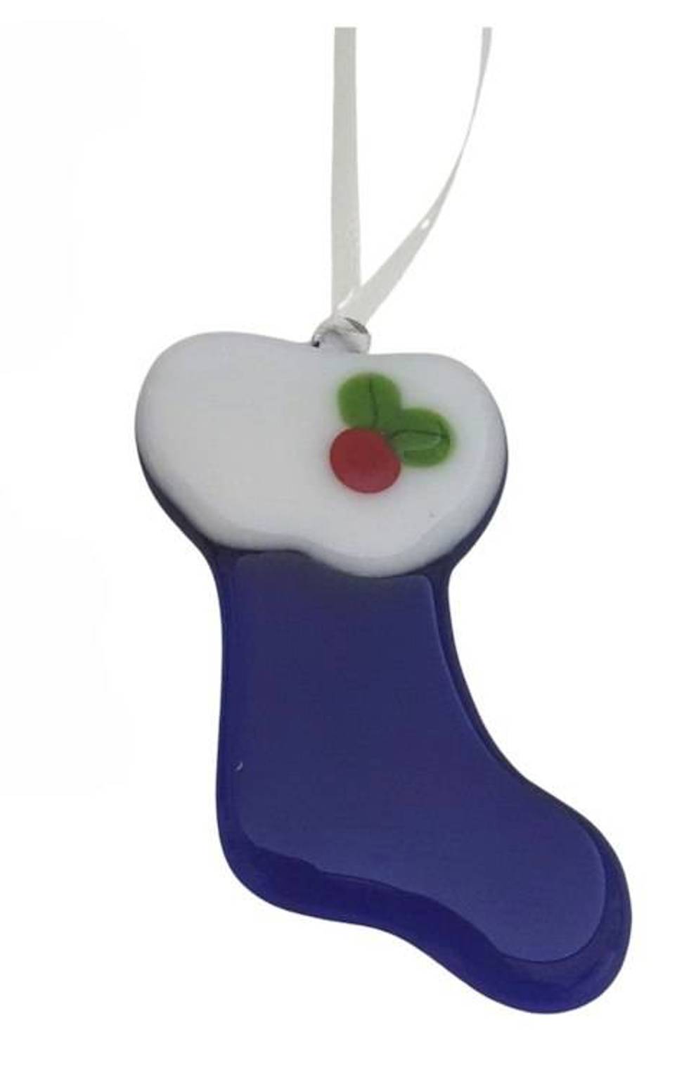 Fused Glass Blue Christmas Stocking Ornament with Current Year Charm