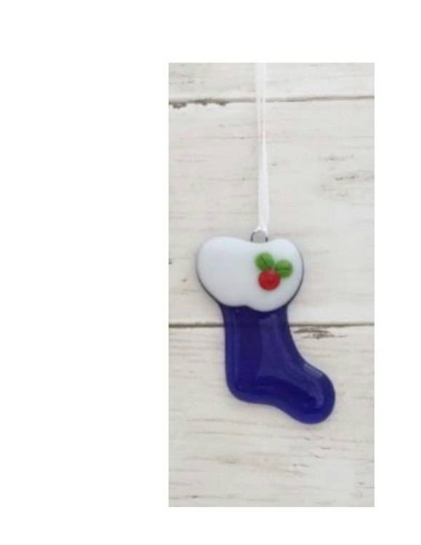 Alternate image for Fused Glass Blue Christmas Stocking Ornament with Current Year Charm