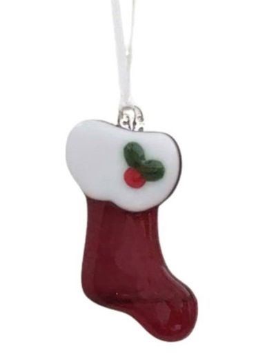 Primary image for Fused Glass Red Christmas Stocking Ornament with Current Year Charm