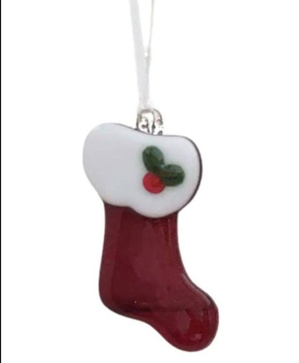 Alternate image for Fused Glass Red Christmas Stocking Ornament with Current Year Charm