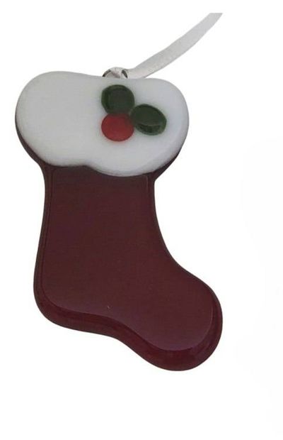 Alternate image for Fused Glass Red Christmas Stocking Ornament with Current Year Charm