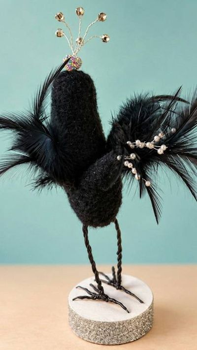 Alternate image for Needle Felted Black Bird Sculpture – Priscilla Plume, One-of-a-Kind Wool Art