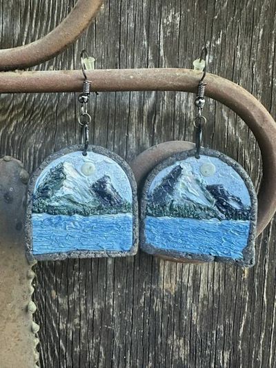 Primary image for Polymer Clay Mountain Landscape Dangle Earrings with Snow-Capped Peaks