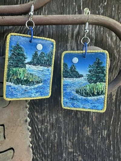Primary image for Polymer clay Moonlit lake Landscape Dangle Earrings with Gold Border
