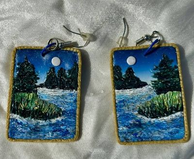 Alternate image for Polymer clay Moonlit lake Landscape Dangle Earrings with Gold Border
