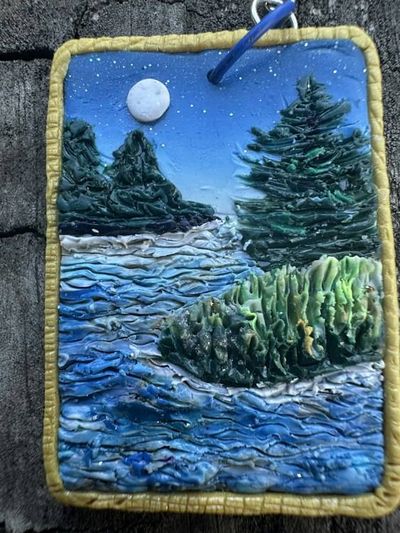 Alternate image for Polymer clay Moonlit lake Landscape Dangle Earrings with Gold Border