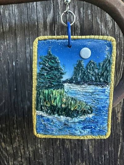 Alternate image for Polymer clay Moonlit lake Landscape Dangle Earrings with Gold Border