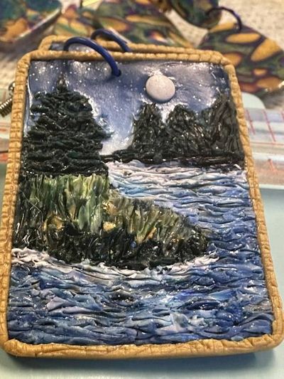 Alternate image for Polymer clay Moonlit lake Landscape Dangle Earrings with Gold Border
