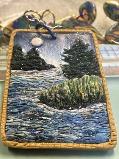 Alternate image for Polymer clay Moonlit lake Landscape Dangle Earrings with Gold Border