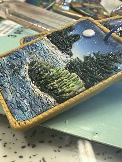 Alternate image for Polymer clay Moonlit lake Landscape Dangle Earrings with Gold Border