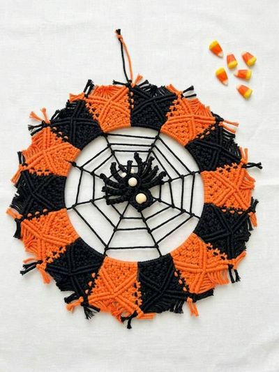 Alternate image for Handmade Macrame Halloween Indoor Wreath with Spider and Spider Web