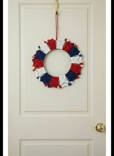 Alternate image for Handmade Patriotic Macrame Wreath, Red White Blue 4th of July, Recycled Cotton (17 Inch)
