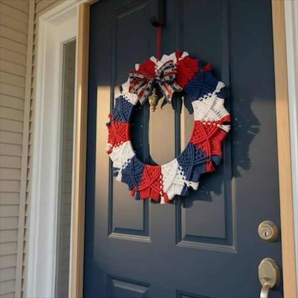 Alternate image for Handmade Patriotic Macrame Wreath, Red White Blue 4th of July, Recycled Cotton (17 Inch)