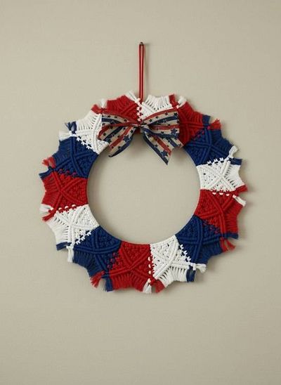 Alternate image for Handmade Patriotic Macrame Wreath, Red White Blue 4th of July, Recycled Cotton (17 Inch)