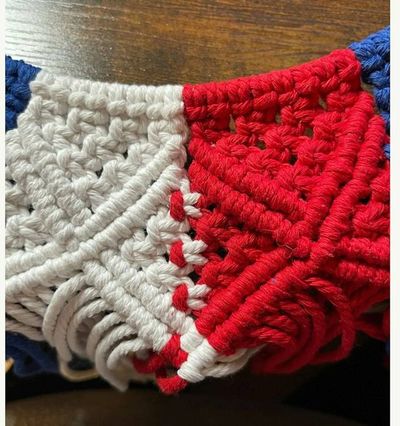Alternate image for Handmade Patriotic Macrame Wreath, Red White Blue 4th of July, Recycled Cotton (17 Inch)