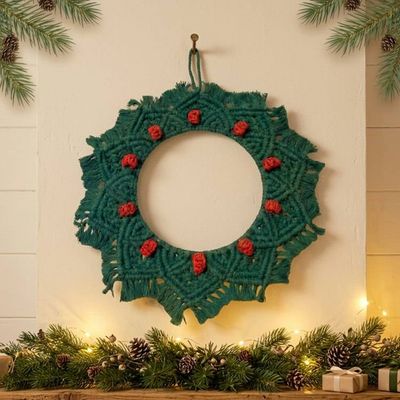 Alternate image for Macrame Christmas Wreath, Green and Red Cotton Cord Indoor Wreath