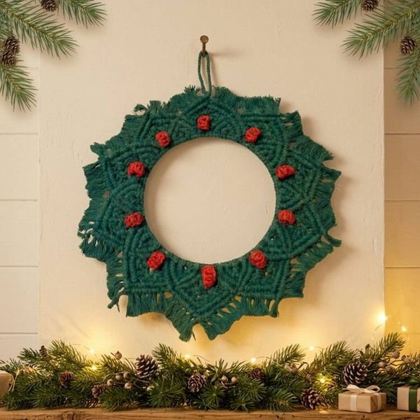Alternate image for Macrame Christmas Wreath, Green and Red Cotton Cord Indoor Wreath